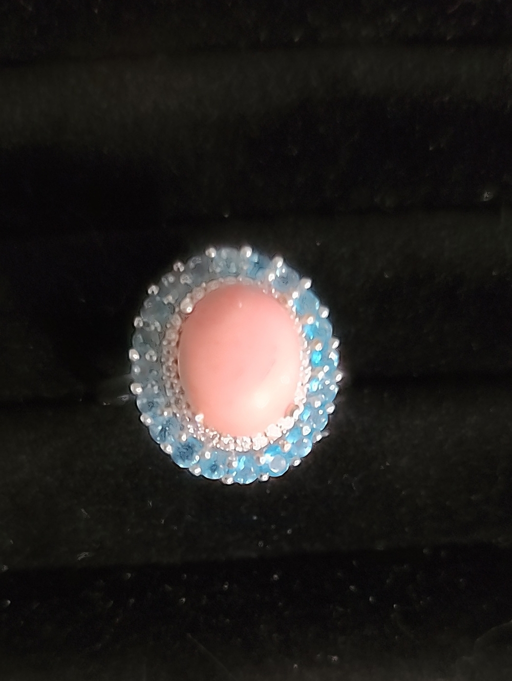 Pink Opal Cabochon Ring with Blue Halo Accents